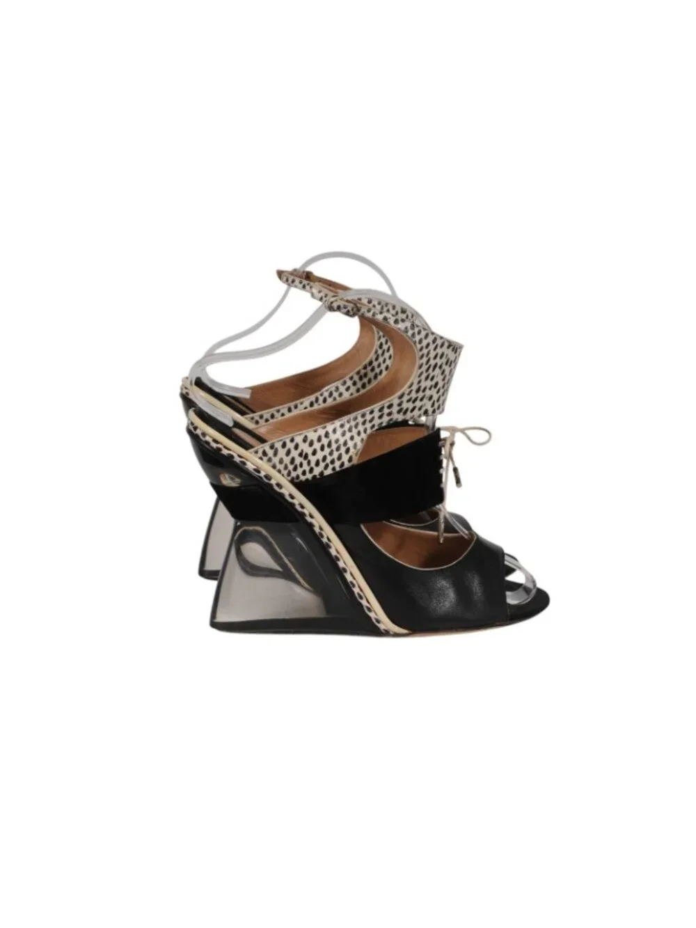 Salvatore Ferragamo Womens Plexi Glass Wedge Sandals Size US 10 Black Ivory Tan